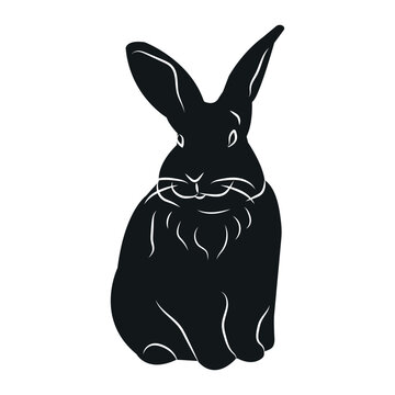 Hand drawn Easter rabbit or bunny illustration on white background. Black solid silhouette of animal in flad design style.