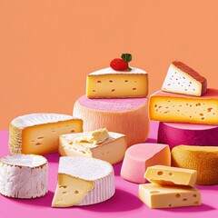 Vintage background with different types of cheese and fruits.