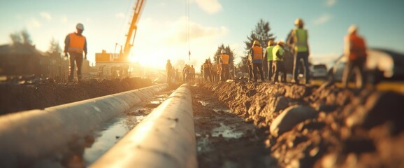 Workers Install Pipes: Infrastructure Project at Sunset