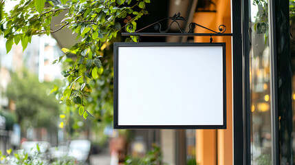 Blank sign on a shop front. Customizable outdoor sign for a business storefront or promotional advertising space, with a decorative wrought iron mount.