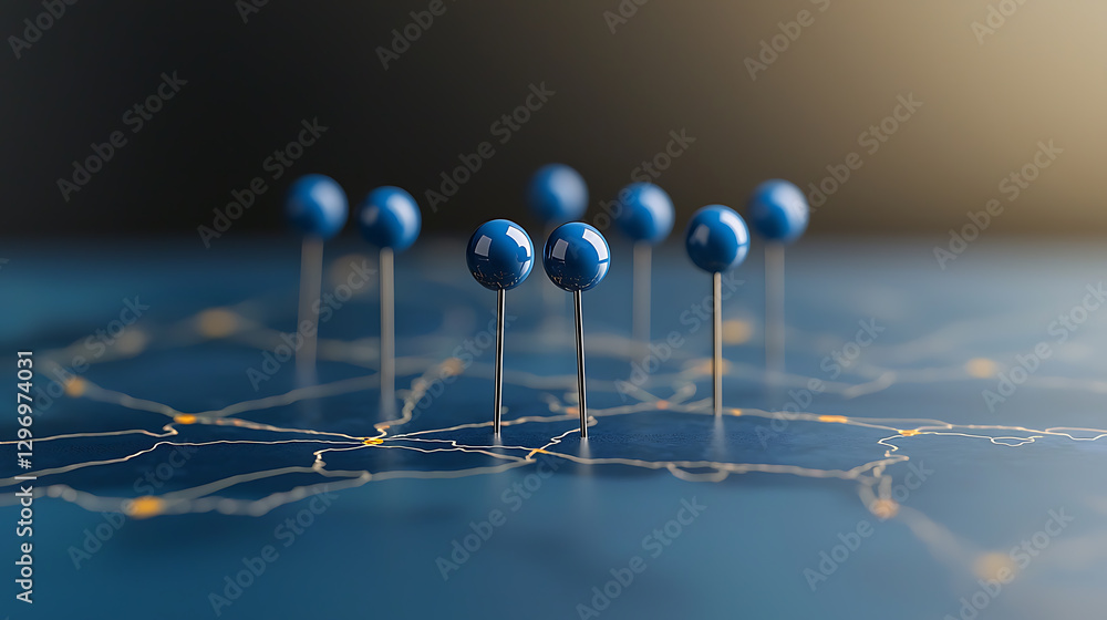 Poster a map marked with blue pushpins highlights location data. represents points of interest, travel, or 
