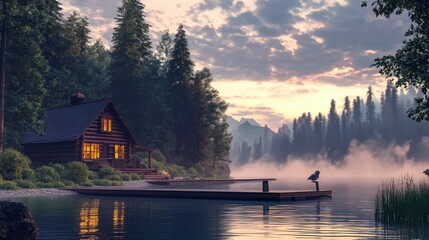 Fototapeta premium Serene Lakeside Cabin at Twilight, Cozy cabin, lakeside retreat, misty forest, twilight sky, dramatic clouds, glowing windows, wooden pier, reflections on water, serene atmosphere.