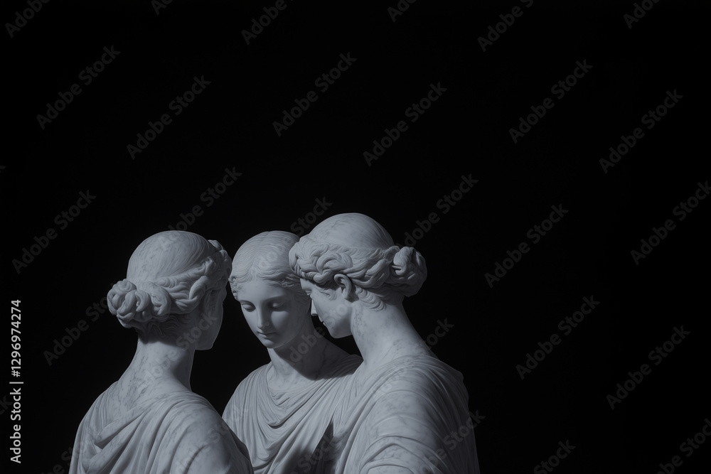 Poster marble statues in unity: three marble statues, representing figures in deep contemplation, form a ci