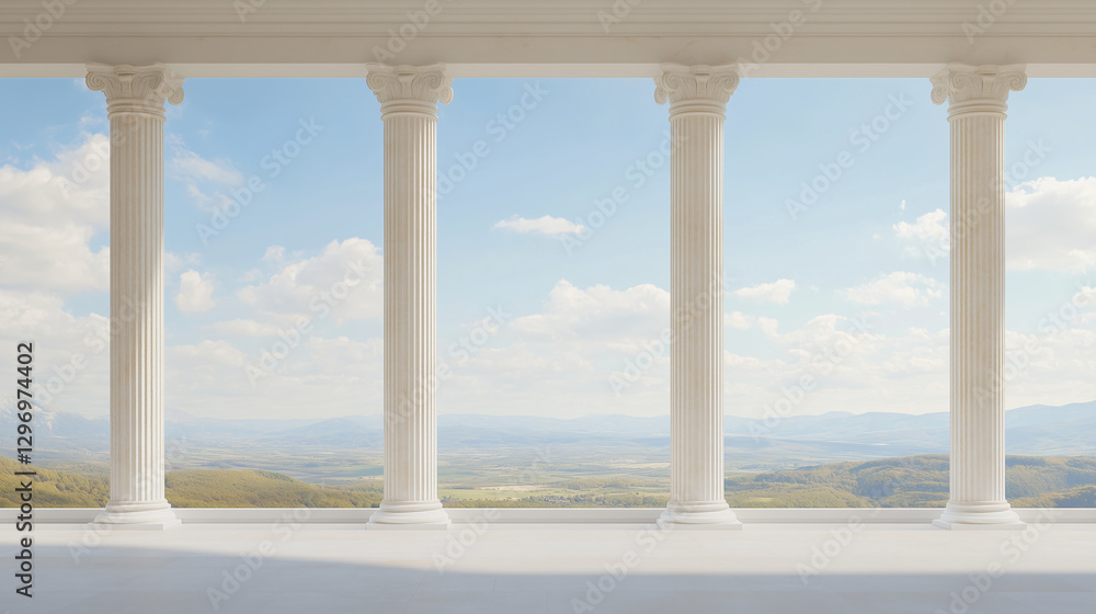 Poster classical pillars vista: an array of pristine classical pillars frames a breathtaking panoramic view