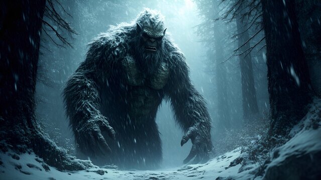 A scarry snow moster  background image , in the snow dark forest.