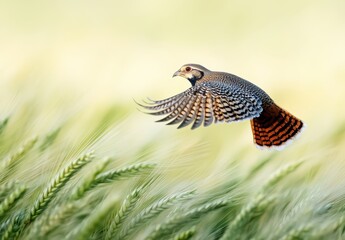 Vibrant Bird in Flight Over Lush Green Wheat Field with a Soft Focus Background and Details of Colors and Feathers Displayed Gracefully