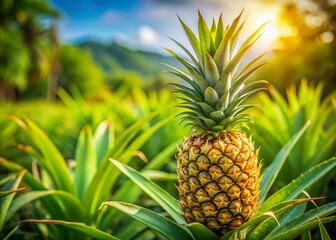 Fototapeta premium Young Pineapple Ripening in Seychelles Sunlight - Candid Stock Photo