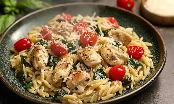 Delicious orzo pasta with grilled chicken, cherry tomatoes, and spinach on a rustic table