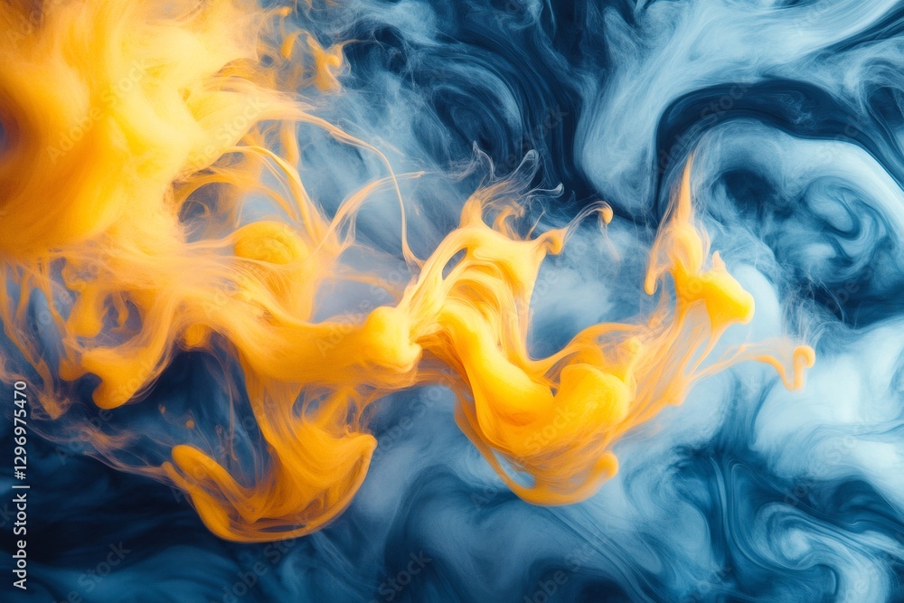 Poster yellow and blue ink mixing, creating abstract smoke patterns