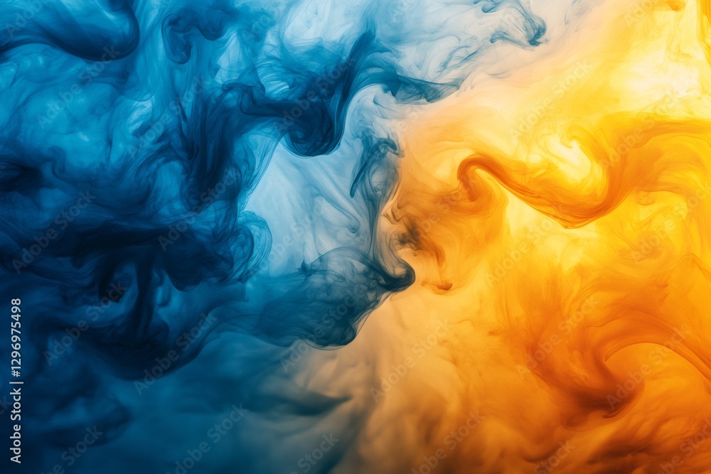 Poster blue and orange ink mixing together creating abstract shapes