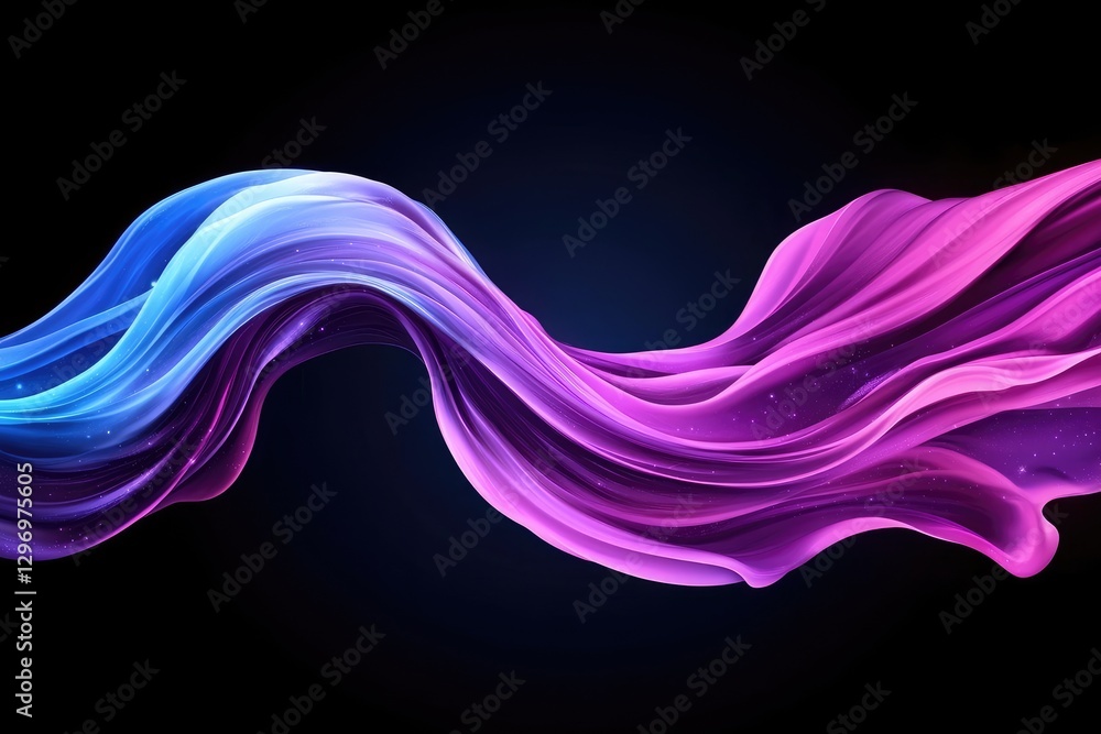 Poster abstract colorful wavy fabric flowing in the dark air with glitter particles