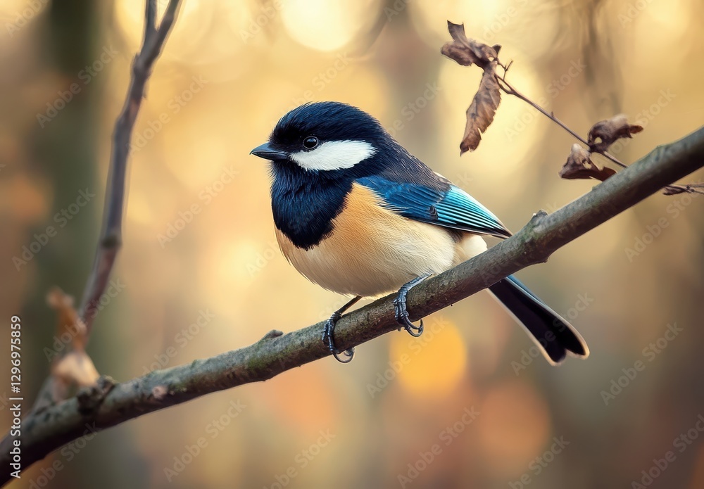 Poster vibrant bird perched on branch in forest setting with soft blurred background and beautiful warm ton