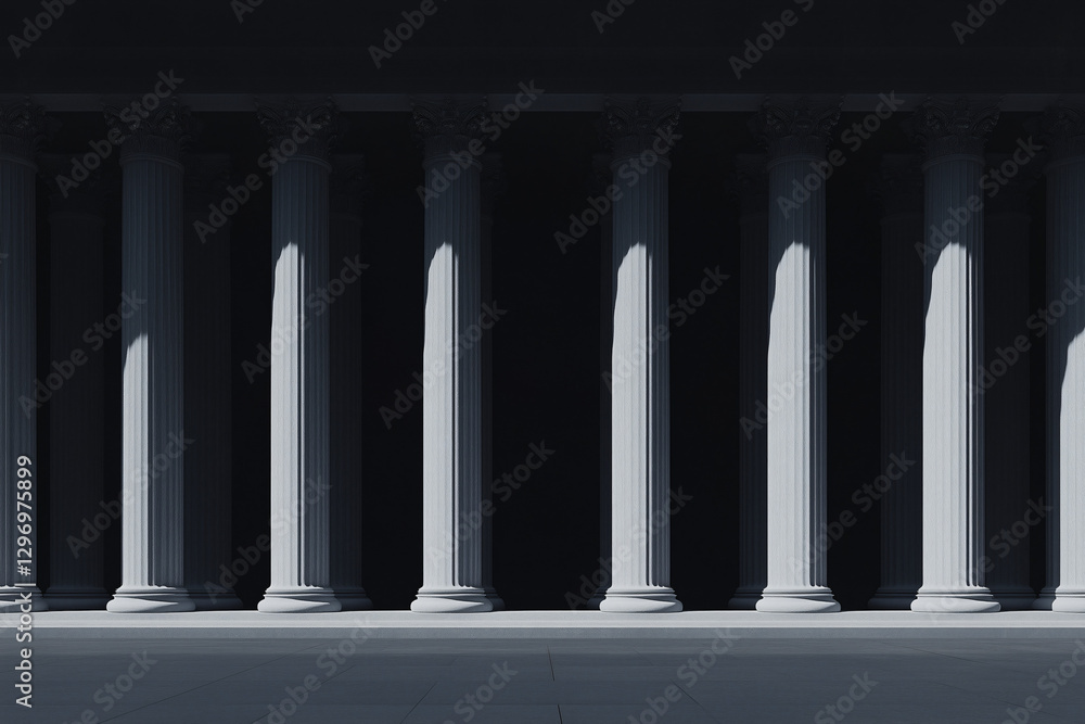 Poster architectural rhythm: a row of classical columns casts dramatic shadows, creating a sense of grandeu