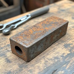 Rusty metal block on wooden table