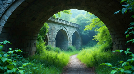 Scenic green pathway framed by a historic stone bridge with lush foliage and soft sunlight in a tranquil landscape