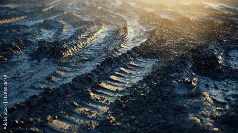 Aufkleber tire tracks create intricate patterns in muddy ground during golden hour near a construction site. g