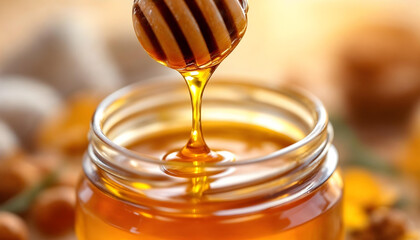 honey dipper with honey dripping into a glass jar