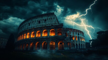 Roman coliseum at night with storm and lightning striking