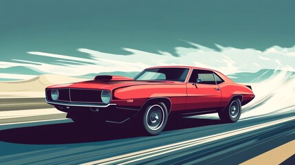 Fast Red Muscle Car in Desert Landscape