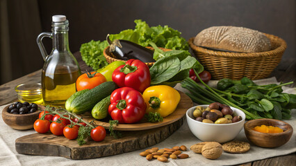 Mediterranean Diet: Vegetables, fruits, nuts, legumes, whole grain products, olive oil, fish, seafood, white meat. Perfect for fitness websites and blogs.