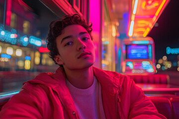 Fototapeta premium Young Man in Neon-Lit Diner