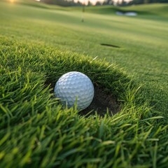 Obraz premium Close-up of a golf ball resting in a small grass divot near the hole on a green golf course during sunset.