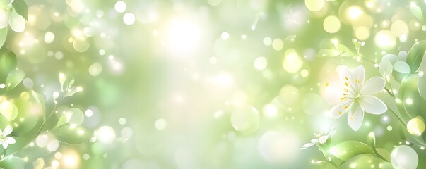 Obraz premium Spring blossoms and green leaves amid glowing light orbs