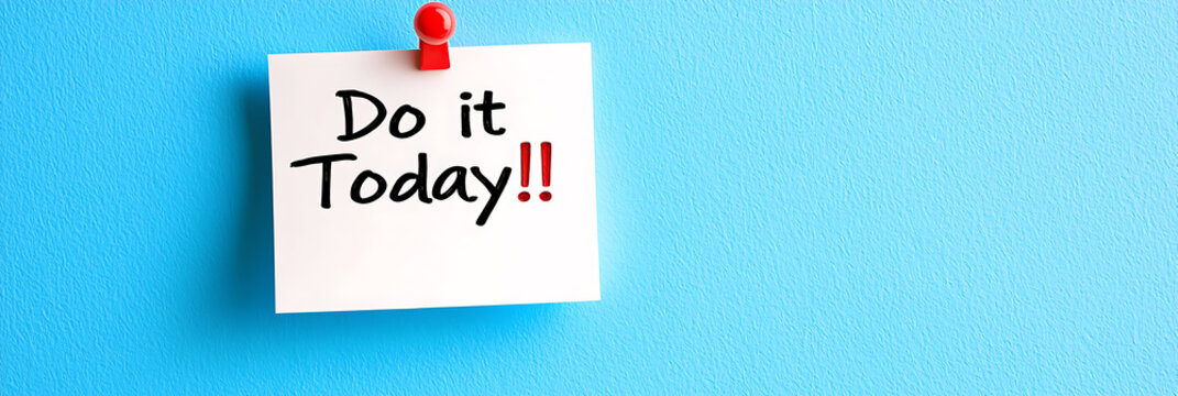 A reminder note saying "Do it Today!!" attached with a push pin on a solid blue background. It evokes a sense of urgency and motivation.