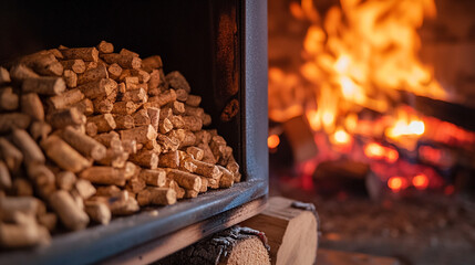 Pellets feed crackling fire in a warm fireplace, symbolizing eco-friendly warmth and energy. Natural wood burns bright, offering comfort in winter as an alternative heat source for modern homes.

