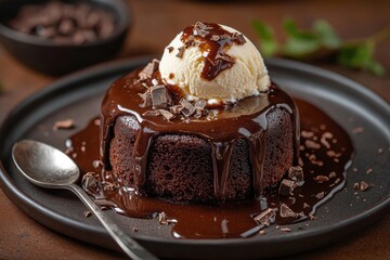 A mouthwatering chocolate lava cake topped with a scoop of creamy vanilla ice cream and drizzled with rich chocolate sauce, beside a shiny silver spoon