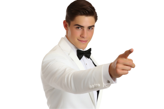 Handsome Man Pointing Forward – Confident and Inspiring Gesture