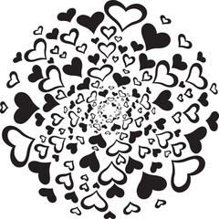 Circle full of hearts. Vector illustration made with black heart silhouettes on a white background filling a circular shape.