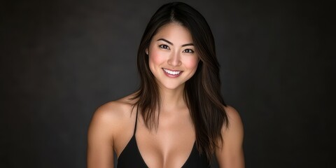 Fototapeta premium A model showcases a bright smile with relaxed confidence, posing in a studio with a dark background. The composition highlights her features and professionalism