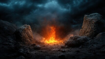 Fototapeta premium A dramatic visual showcasing a fiery explosion amidst rugged rocks, capturing the raw energy and chaotic beauty of nature's untamed fury in a stunning, expansive arena.