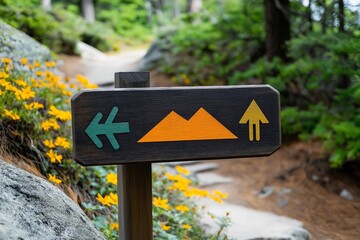 Scenic view featuring mountain with trail sign surrounded by vibrant flowers, celebrating world tourism day. Concept explores mountain with trail sign for outdoor adventure enthusiasts