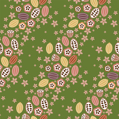 Cocoa vector seamless pattern. Chocolate cocoa beans background. Vector hand drawn illustration. Vintage style illustration.