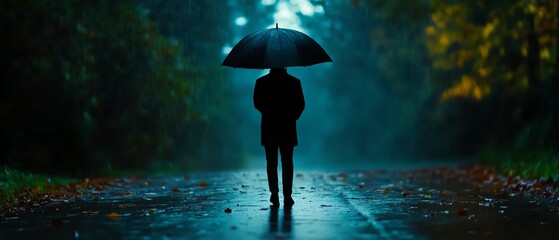 Obraz premium Person with umbrella in a rainy landscape