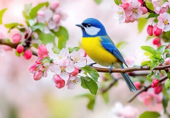 Fototapeta premium Vibrant blue and yellow bird perched on flowering branch, surrounded by pink blossoms in a serene nature scene, showcasing spring beauty and wildlife