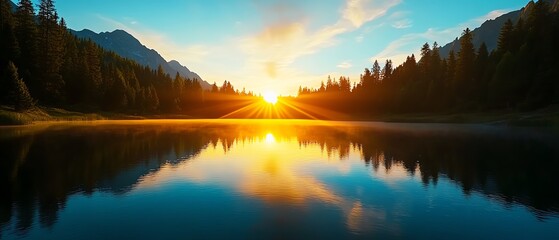 Stunning sunrise reflection over tranquil lake.