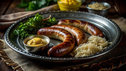 Traditional German farm products with Grilled sausages served with sauerkraut, mustard, and fresh herbs on a metal platter