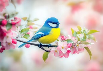 Obraz premium Vibrant Blue Bird Perched on a Branch of Pink Flowers in a Soft Blurred Background Ideal for Nature and Wildlife Enthusiasts