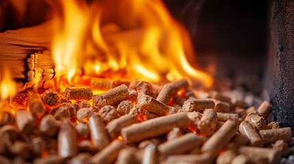 Pellets feed crackling fire in a warm fireplace, symbolizing eco-friendly warmth and energy. Natural wood burns bright, offering comfort in winter as an alternative heat source for modern homes.


