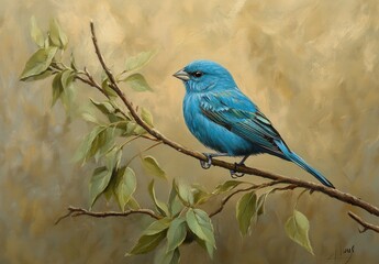 Vibrant Blue Bird Perched on a Branch Surrounded by Green Leaves Against a Soft Golden Background in an Artistic Expression of Nature