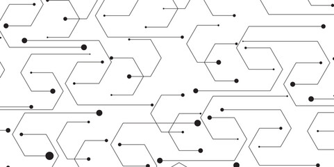 Black on white abstract particles connection background with hexagon.  Hi tech digital connect, communication vector. Gray and white technology background digital systems Hi-tech technology pattern.