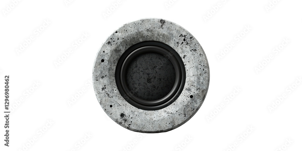 Poster concrete circular speaker enclosure with textured surface isolated on transparent background