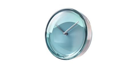 Modern circular glass wall clock with sleek silver frame isolated on transparent background