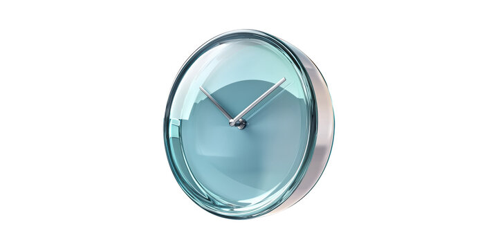 Modern circular glass wall clock with sleek silver frame isolated on transparent background