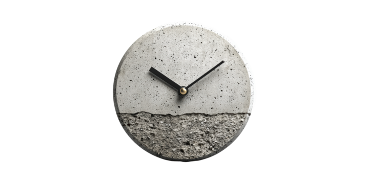 Round concrete wall clock with minimalist design isolated on transparent background