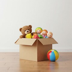 cardboard box filled with children's toys sits on a wooden floor. The scene is well-lit and perfect for charity campaigns, donation visuals, and social media posts. Space for text included.