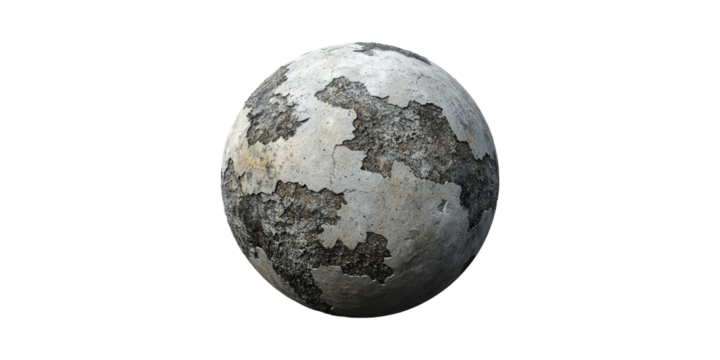 Weathered concrete sphere with cracked texture isolated on transparent background
